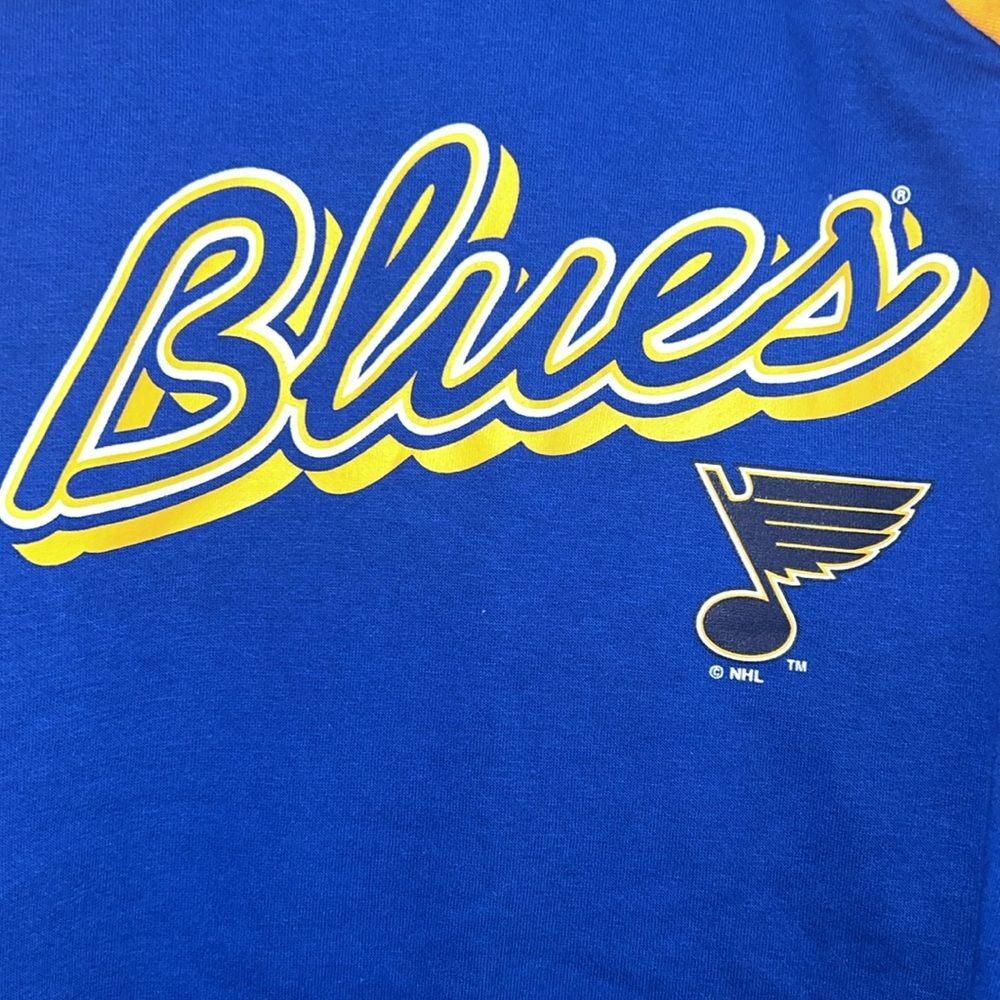 NHL ST.LOUIS BLUES Sweater L(12/14)Blue and Yellow Raw Hem NWT - Picture 2 of 8